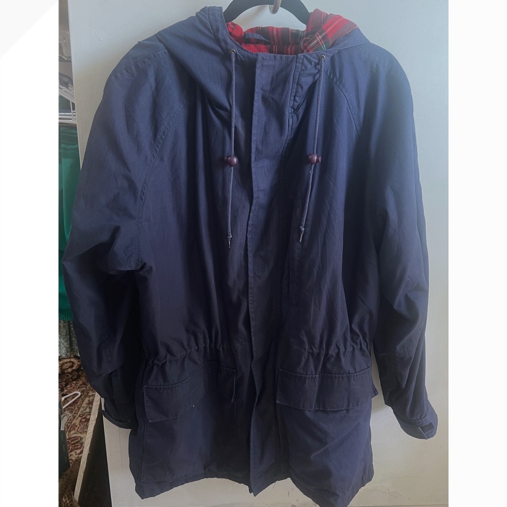 Eddie Bauer Vintage Navy Mountain Parka Plaid Wool Lined Hooded Jacket Mens L
